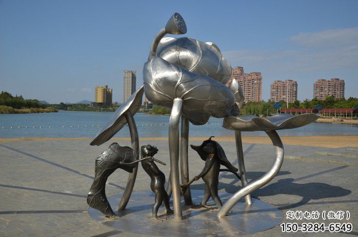 三明蓮蓬嬉戲雕塑，城市植物景觀雕塑，不銹鋼鏡面效果