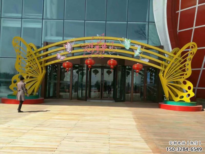 文昌蝴蝶拱門雕塑，鏤空烤漆效果，不銹鋼小區(qū)標識雕塑